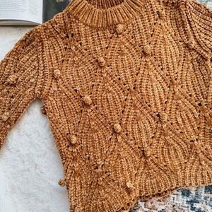 LOST + WANDER QUARTER SLEEVE CHUNKY KNIT CROP POM SWEATER GOLDEN BROWN XS